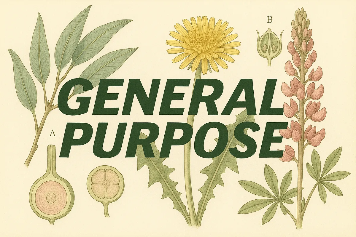 General Purpose logo rendered as vintage botanical illustration with watercolour washes and scientific detail using AI